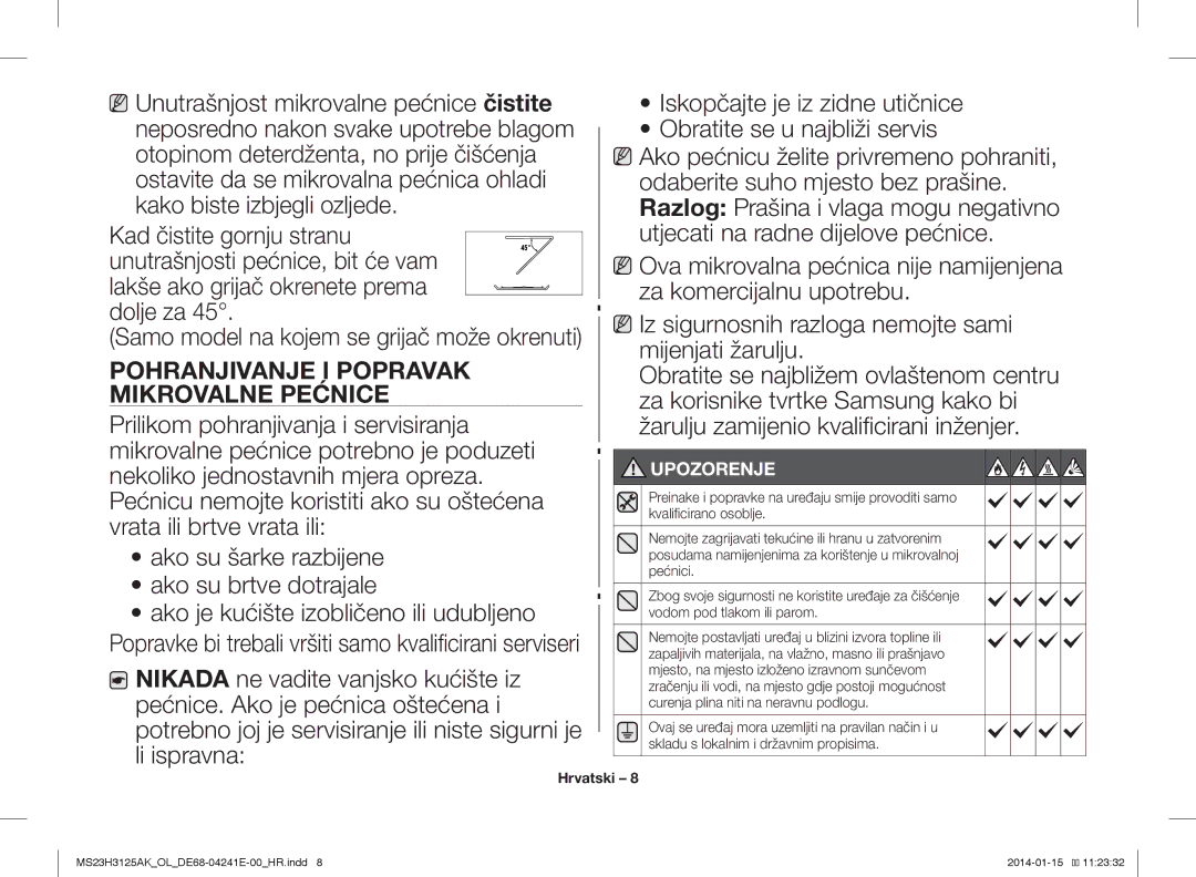 Samsung MS23H3125AK/OL manual Pohranjivanje I Popravak Mikrovalne Pećnice 