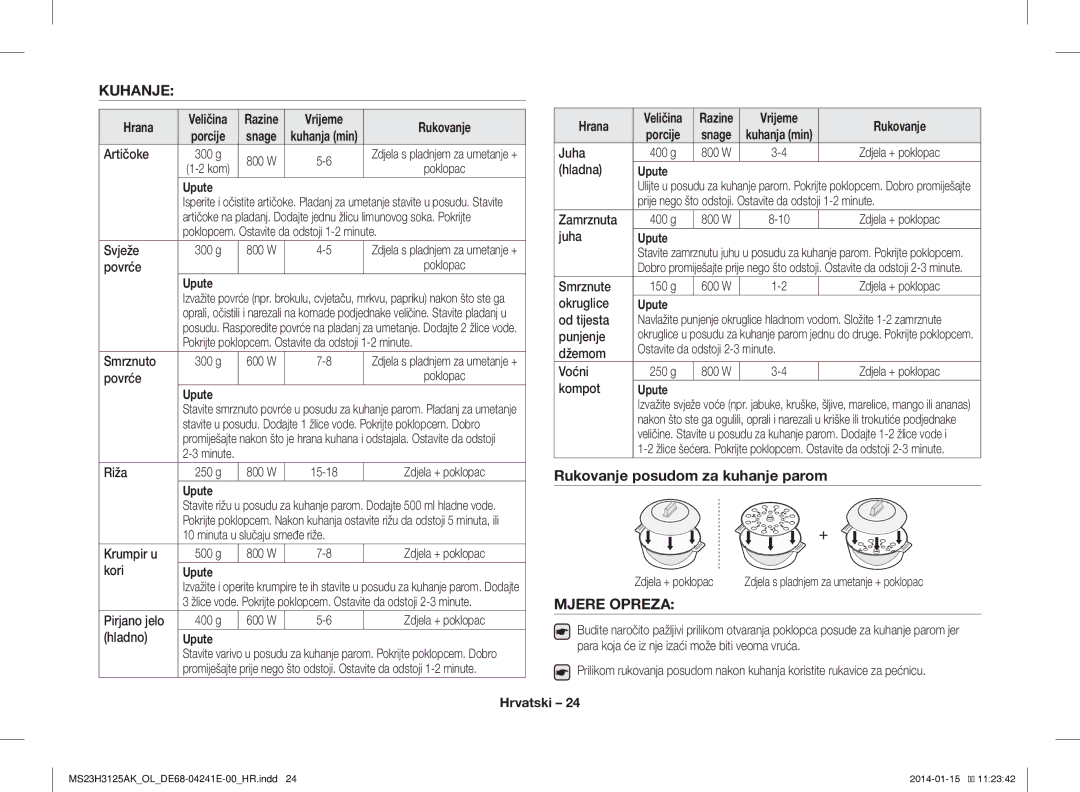 Samsung MS23H3125AK/OL manual Kuhanje, Rukovanje posudom za kuhanje parom, Mjere Opreza, Hrana, Vrijeme 