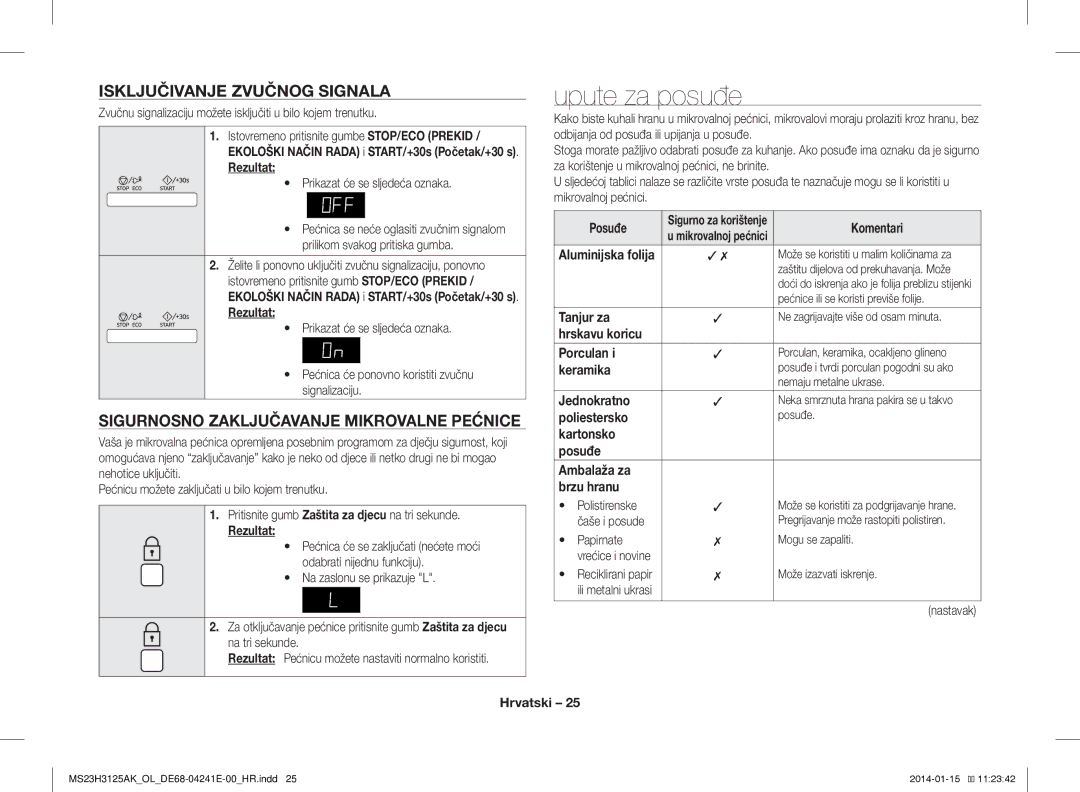 Samsung MS23H3125AK/OL manual Upute za posuđe, Isključivanje Zvučnog Signala, Sigurnosno Zaključavanje Mikrovalne Pećnice 