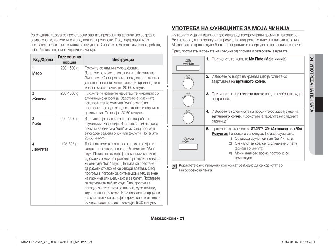 Samsung MS23H3125AK/OL manual Употреба НА Функциите ЗА Моја Чинија, Притиснете го копчето My Plate Моја чинија 