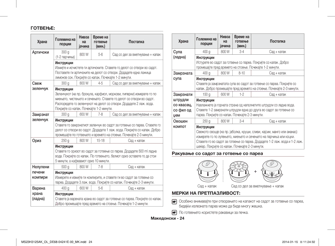 Samsung MS23H3125AK/OL manual Готвење, Ракување со садот за готвење со пареа, Мерки НА Претпазливост 