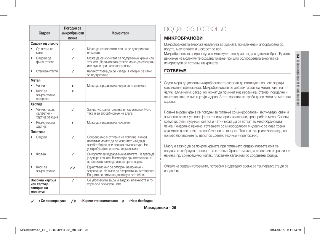 Samsung MS23H3125AK/OL manual Водич за готвење, Микробранови, Садови за готвење со микробранови, Покривање при готвење 