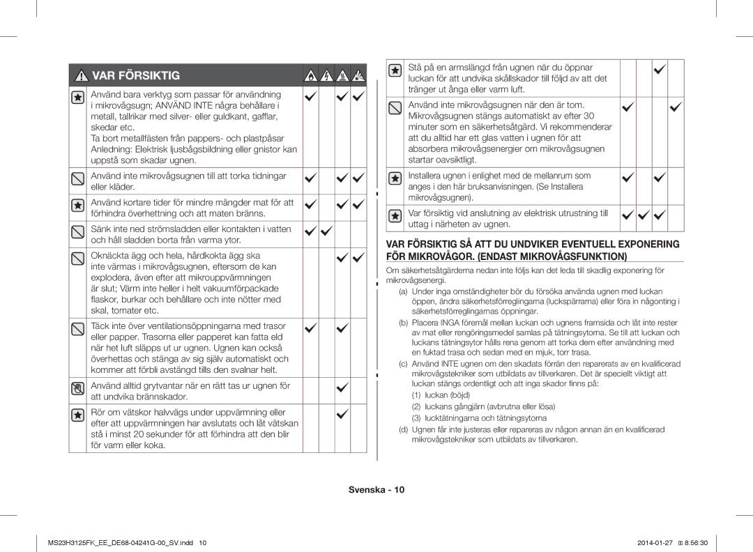 Samsung MS23H3125FK/EE manual VAR Försiktig 