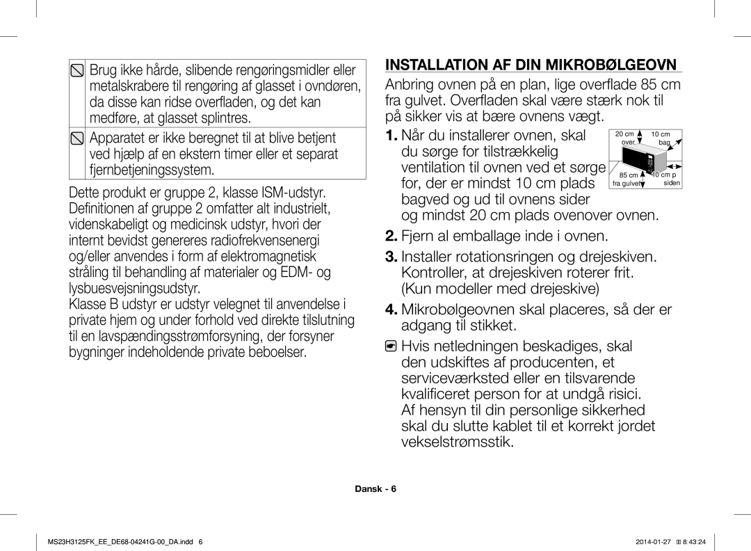 Samsung MS23H3125FK/EE manual Installation AF DIN Mikrobølgeovn 