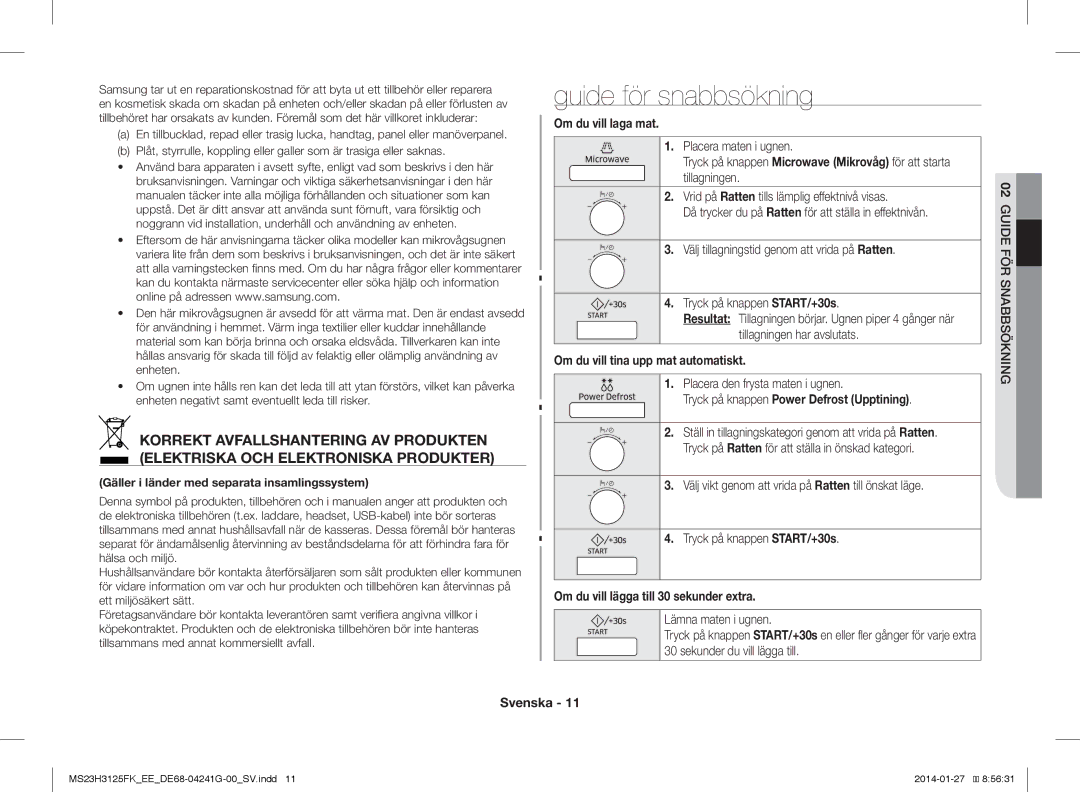 Samsung MS23H3125FK/EE manual Guide för snabbsökning, Om du vill laga mat, Om du vill tina upp mat automatiskt 