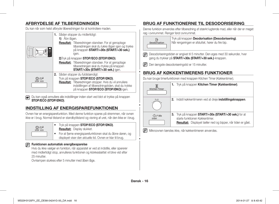 Samsung MS23H3125FK/EE manual Afbrydelse AF Tilberedningen, Indstilling AF Energisparefunktionen 