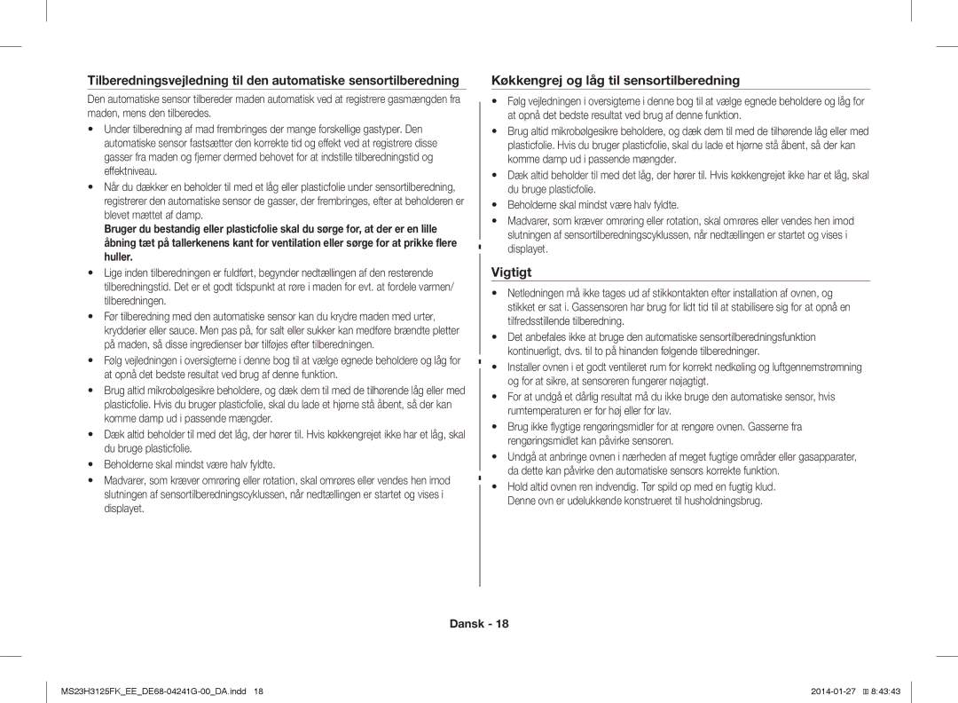 Samsung MS23H3125FK/EE manual Køkkengrej og låg til sensortilberedning, Vigtigt 