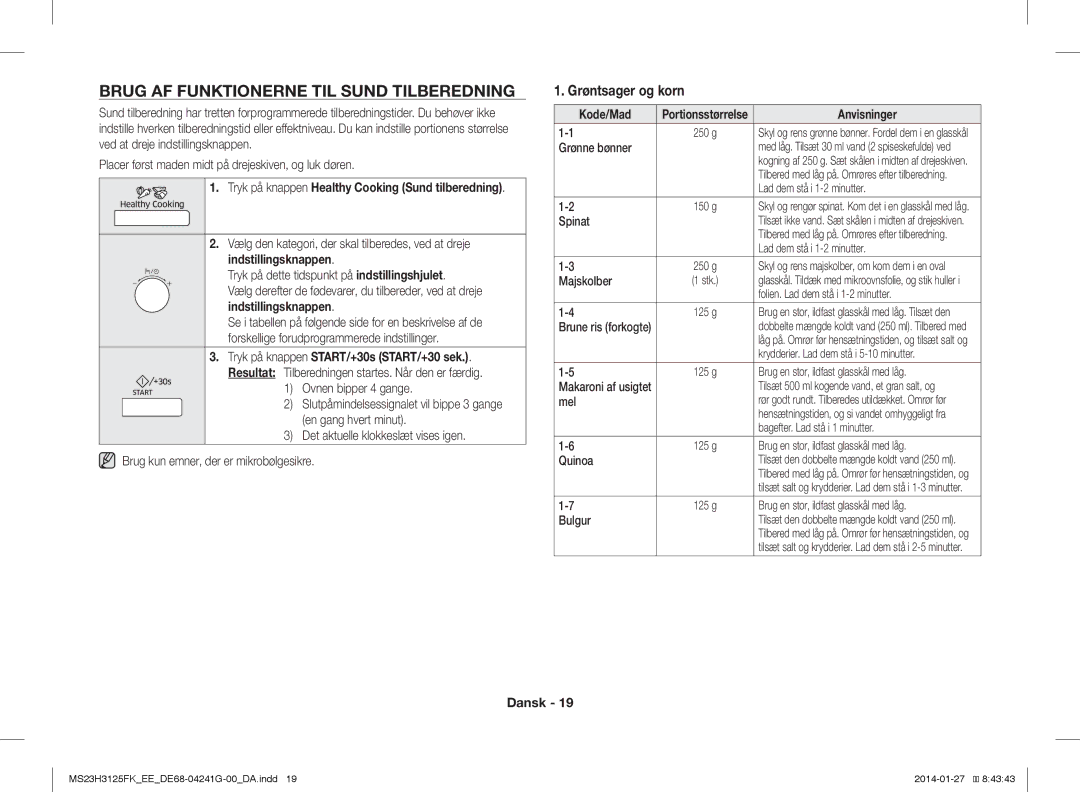 Samsung MS23H3125FK/EE manual Brug AF Funktionerne TIL Sund Tilberedning, Grøntsager og korn, Majskolber, Mel 