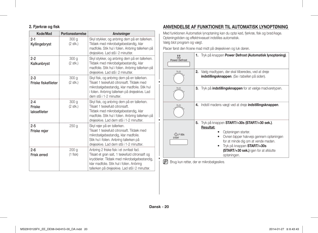 Samsung MS23H3125FK/EE manual Anvendelse AF Funktioner TIL Automatisk Lynoptøning, Fjerkræ og fisk 