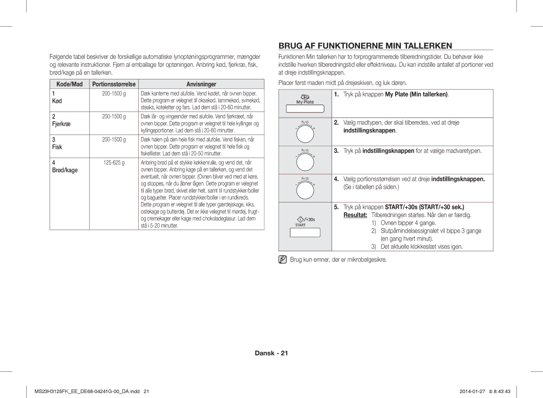 Samsung MS23H3125FK/EE manual Brug AF Funktionerne MIN Tallerken, Kode/Mad Portionsstørrelse, Indstillingsknappen 