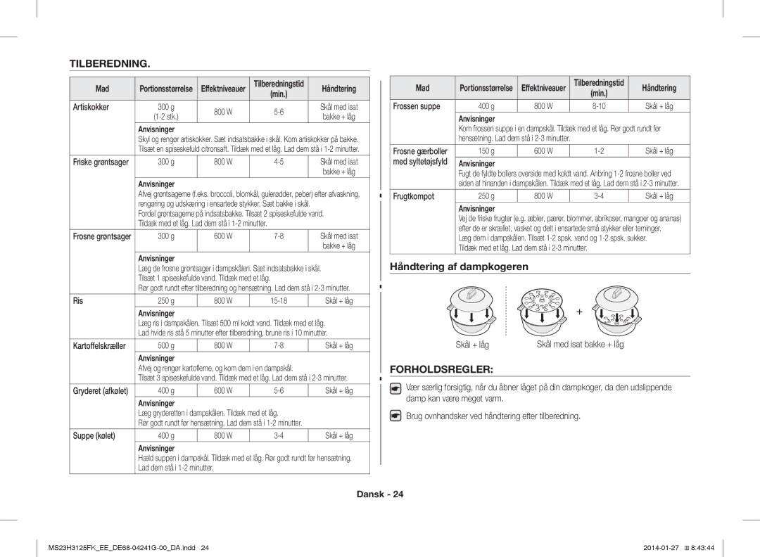 Samsung MS23H3125FK/EE manual Håndtering af dampkogeren, Mad 