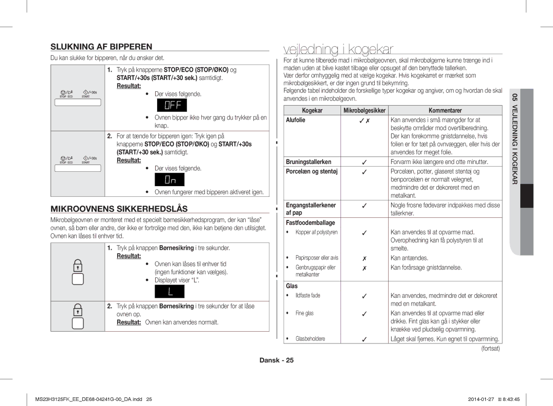 Samsung MS23H3125FK/EE manual Vejledning i kogekar, Slukning AF Bipperen, Mikroovnens Sikkerhedslås 