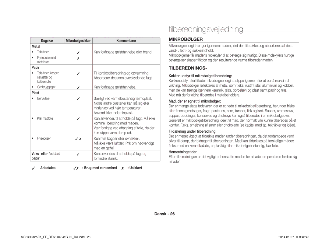 Samsung MS23H3125FK/EE manual Tilberedningsvejledning, Mikrobølger, Metal 