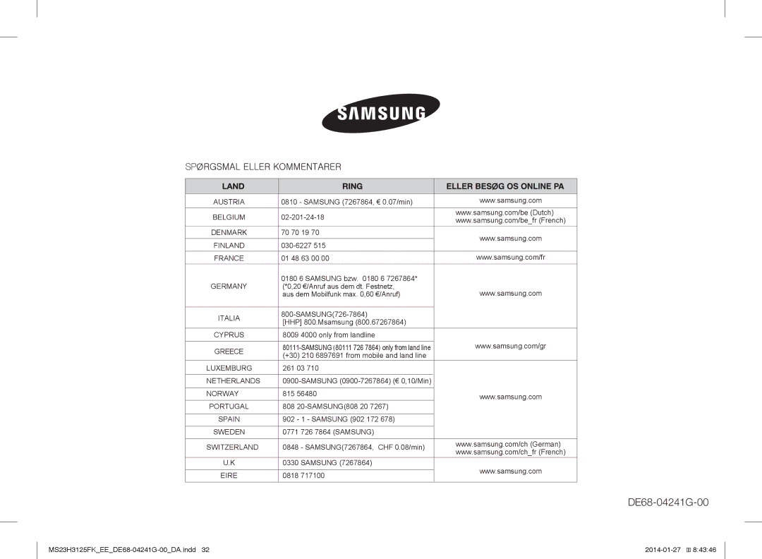 Samsung MS23H3125FK/EE manual DE68-04241G-00 