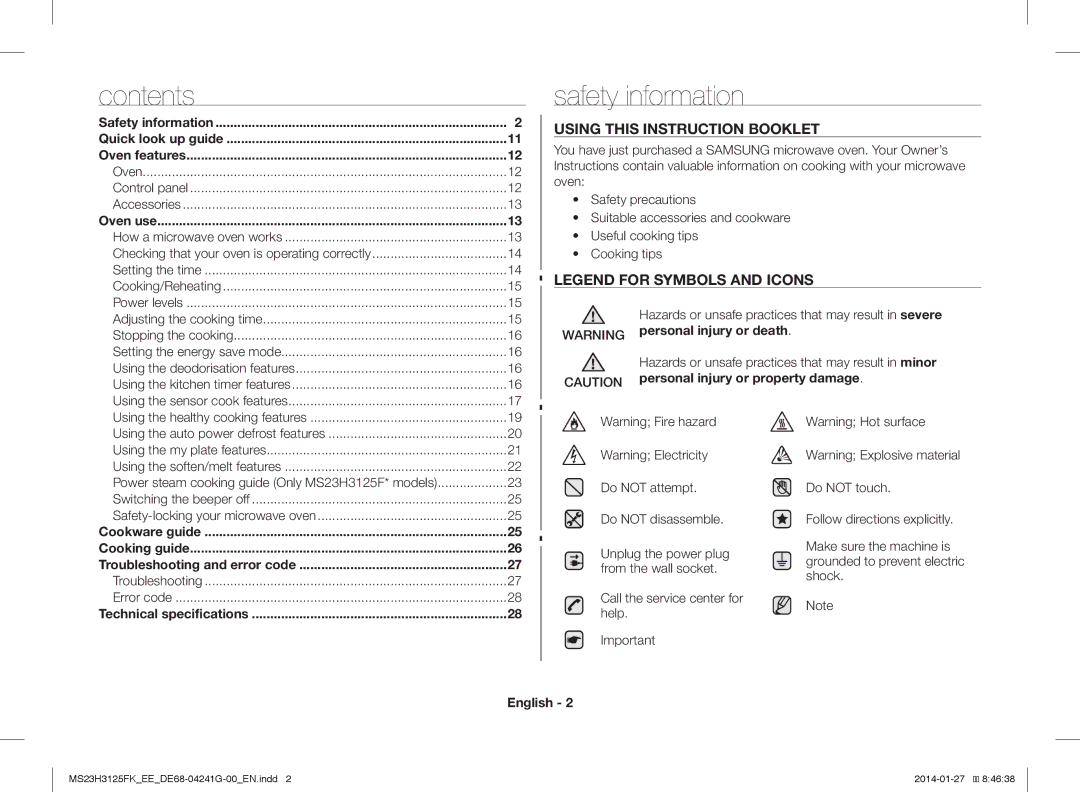 Samsung MS23H3125FK/EE manual Safety information, Contents 