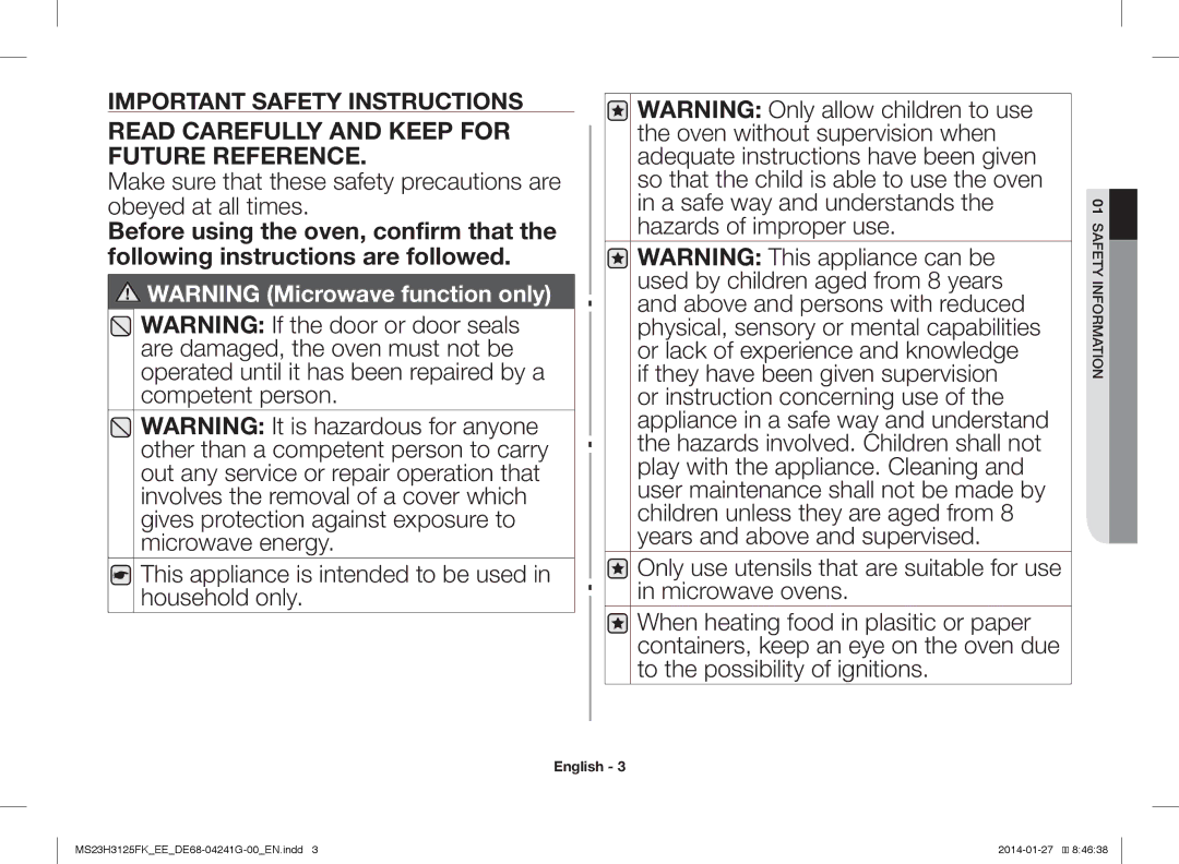 Samsung MS23H3125FK/EE manual Read Carefully and Keep for Future Reference 