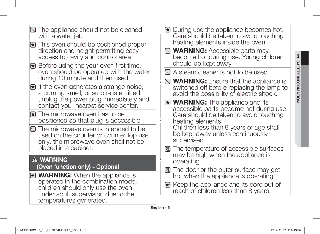 Samsung MS23H3125FK/EE manual Appliance should not be cleaned with a water jet, Oven function only Optional 