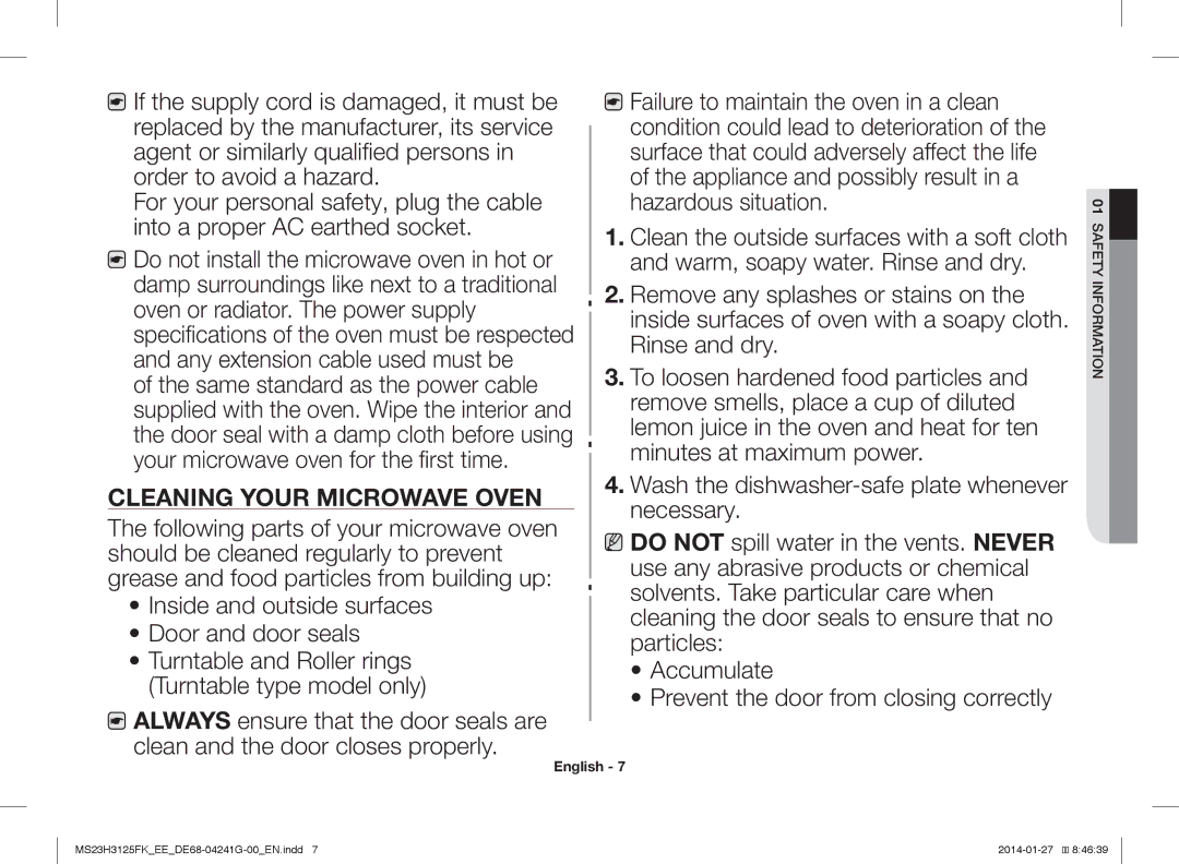 Samsung MS23H3125FK/EE manual Cleaning Your Microwave Oven 