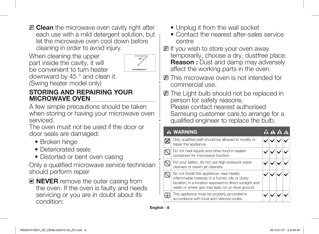 Samsung MS23H3125FK/EE manual Storing and Repairing Your Microwave Oven 