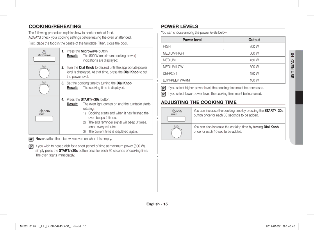 Samsung MS23H3125FK/EE manual Cooking/Reheating, Power Levels, Adjusting the Cooking Time, Power level Output 