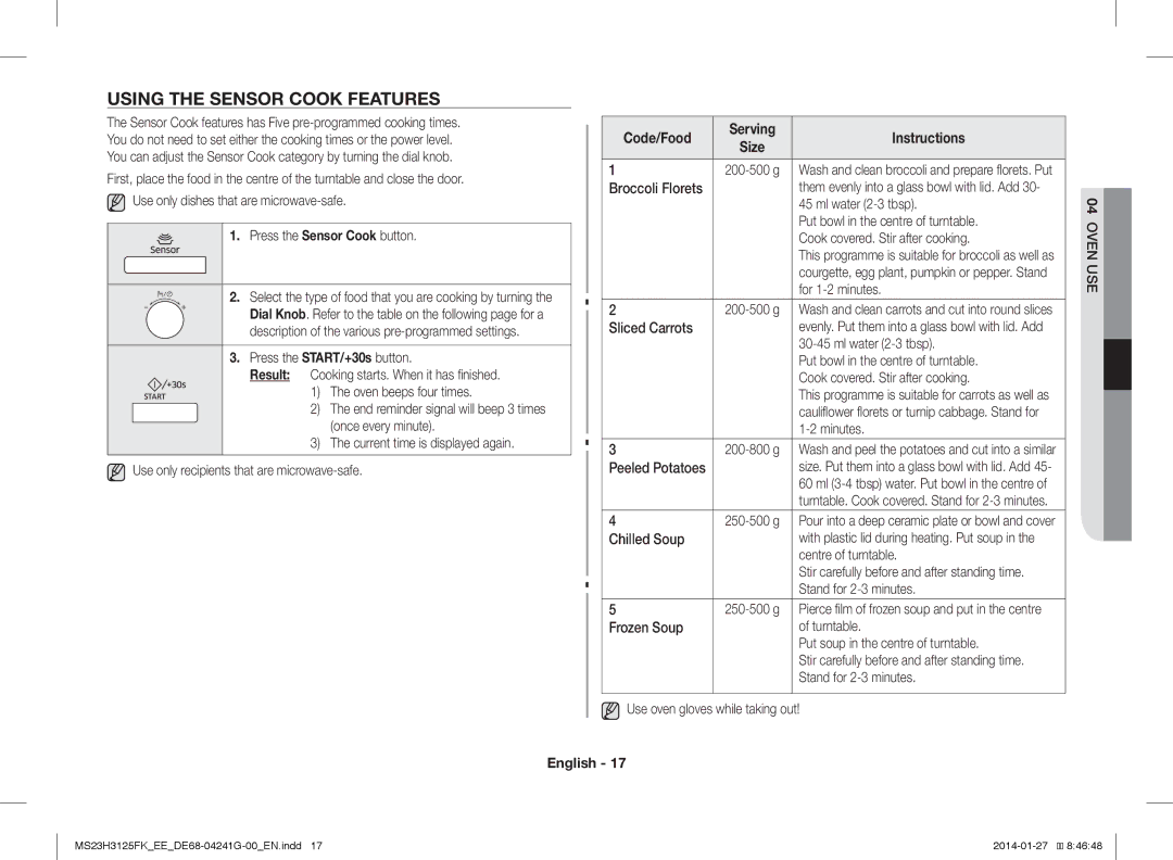 Samsung MS23H3125FK/EE manual Using the Sensor Cook Features, Code/Food 