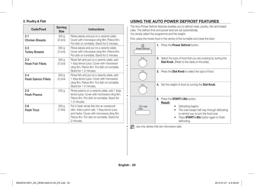 Samsung MS23H3125FK/EE manual Using the Auto Power Defrost Features, Poultry & Fish, Press the Power Defrost button, Result 