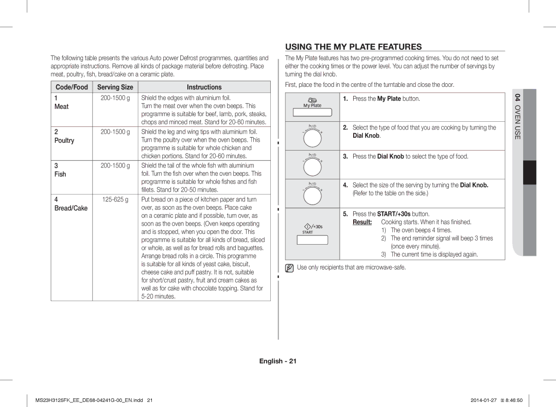 Samsung MS23H3125FK/EE manual Using the MY Plate Features, Code/Food Serving Size 