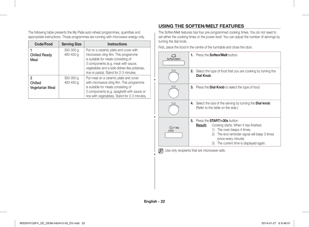 Samsung MS23H3125FK/EE manual Using the SOFTEN/MELT Features 