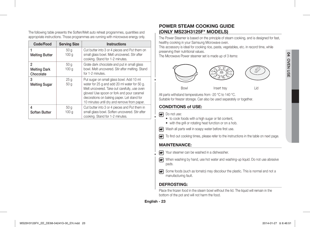 Samsung MS23H3125FK/EE manual Power Steam Cooking Guide only MS23H3125F* Models, Conditions of USE, Maintenance, Defrosting 