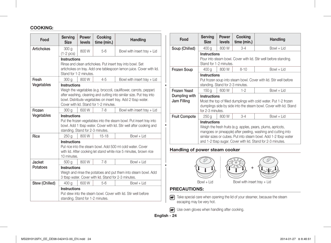 Samsung MS23H3125FK/EE manual Cooking, Handling of power steam cooker, Precautions, Food 