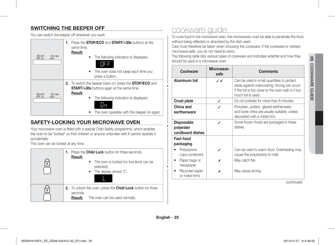 Samsung MS23H3125FK/EE manual Cookware guide, Switching the Beeper OFF, SAFETY-LOCKING Your Microwave Oven 