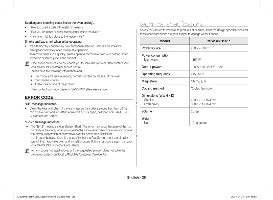 Samsung MS23H3125FK/EE Technical specifications, Error Code, SE message indicates, Customer Care Centre, Message indicates 