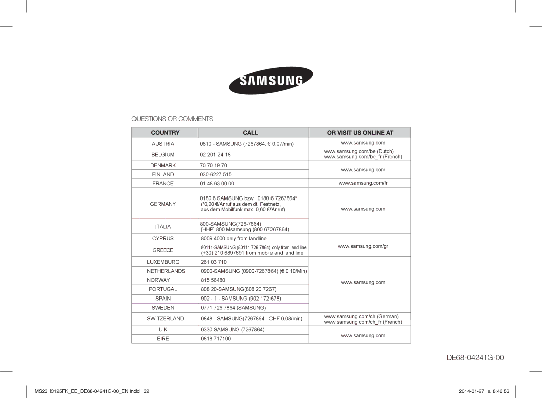 Samsung MS23H3125FK/EE manual DE68-04241G-00 