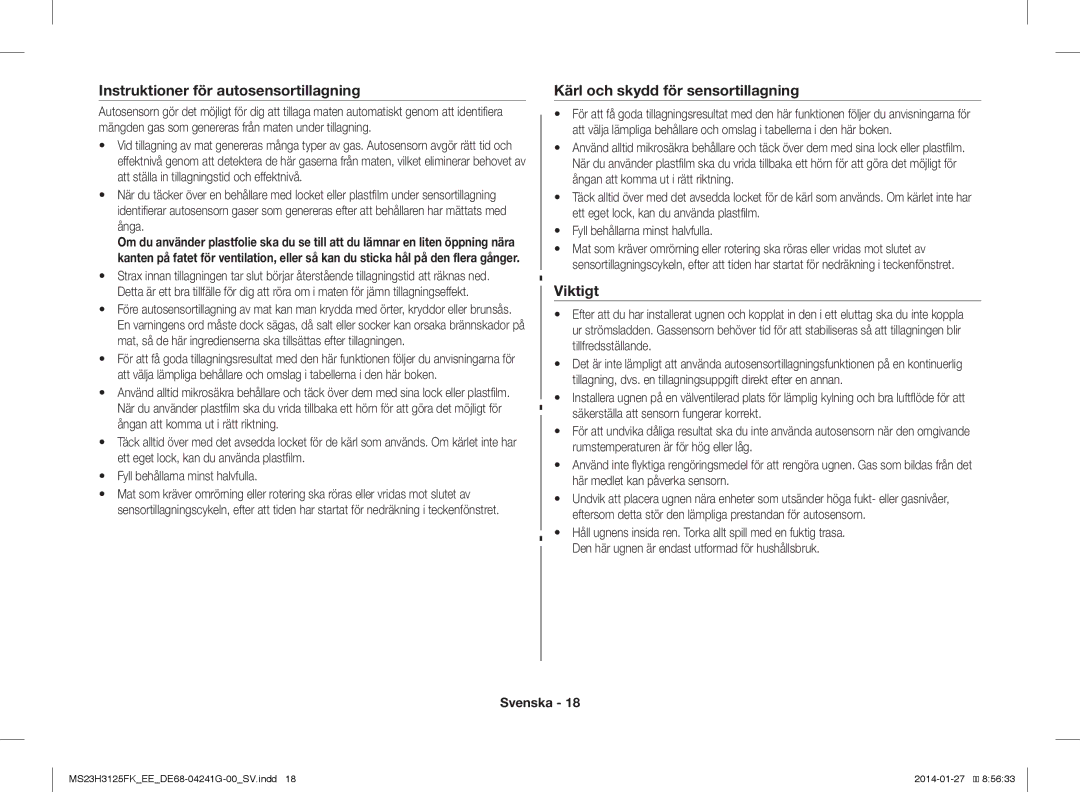 Samsung MS23H3125FK/EE manual Instruktioner för autosensortillagning, Kärl och skydd för sensortillagning, Viktigt, Ånga 