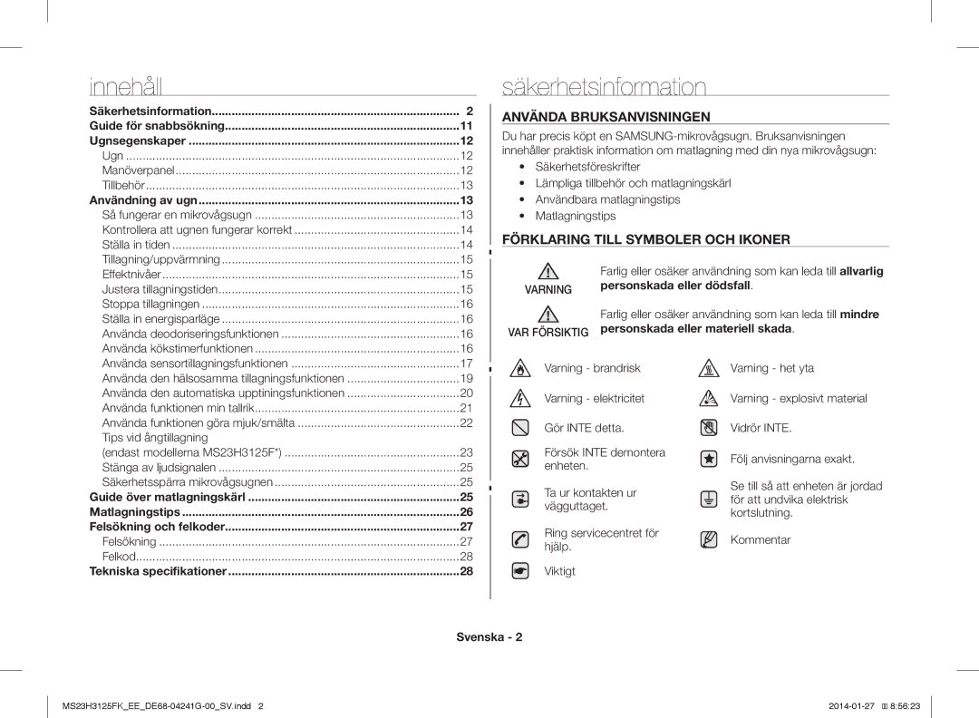 Samsung MS23H3125FK/EE manual Säkerhetsinformation, Använda Bruksanvisningen, Förklaring Till Symboler OCH Ikoner, Svenska 