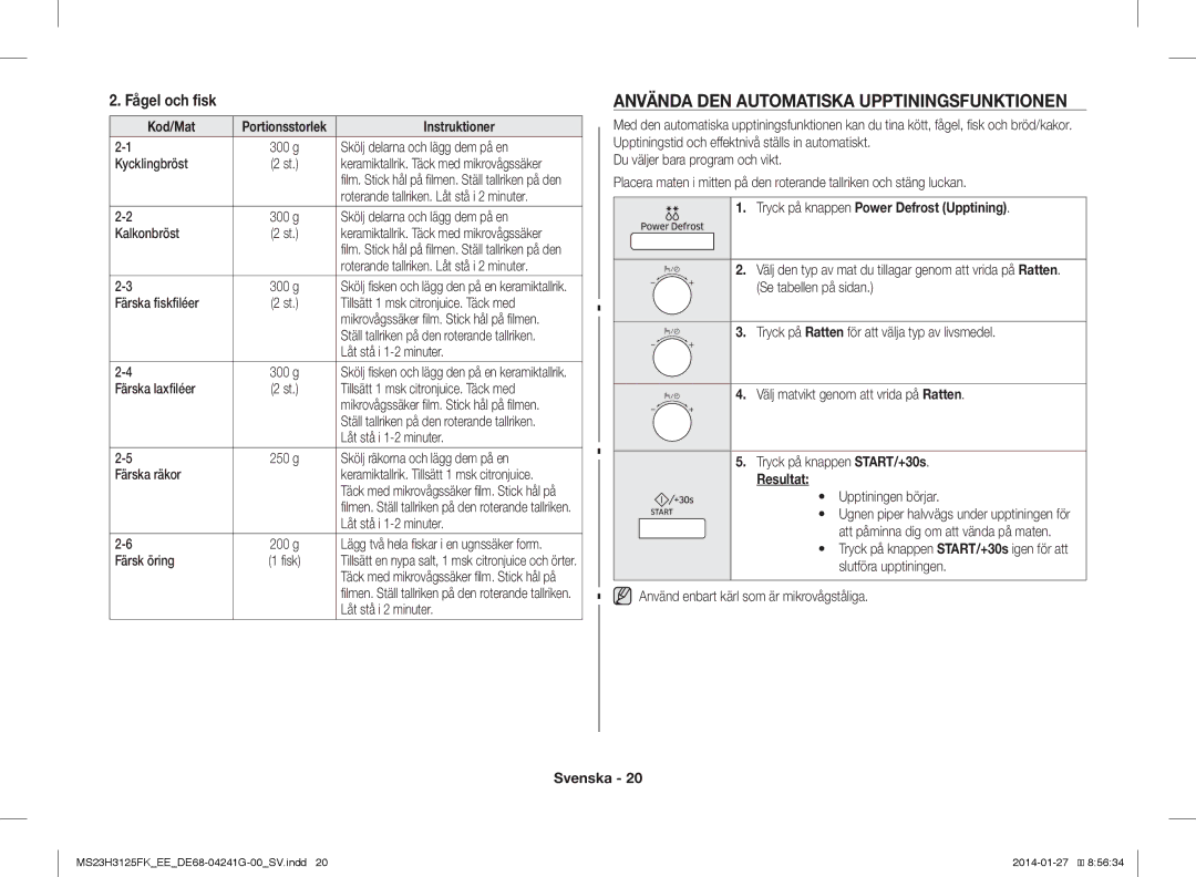 Samsung MS23H3125FK/EE manual Använda DEN Automatiska Upptiningsfunktionen, Fågel och fisk, Resultat 