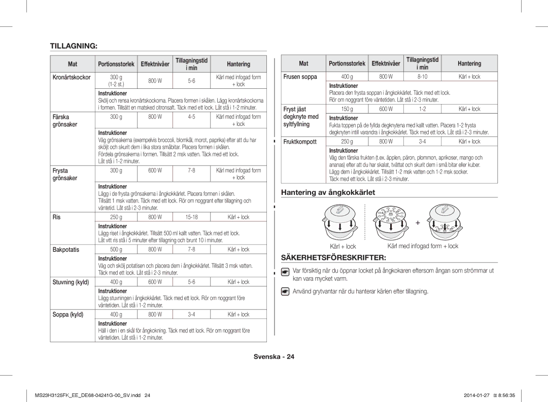 Samsung MS23H3125FK/EE manual Tillagning, Hantering av ångkokkärlet, Säkerhetsföreskrifter, Mat 