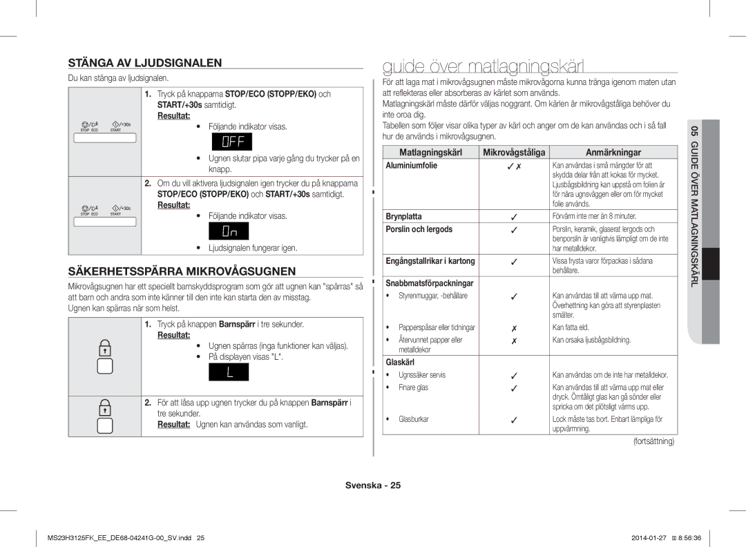 Samsung MS23H3125FK/EE manual Guide över matlagningskärl, Stänga AV Ljudsignalen, Säkerhetsspärra Mikrovågsugnen 