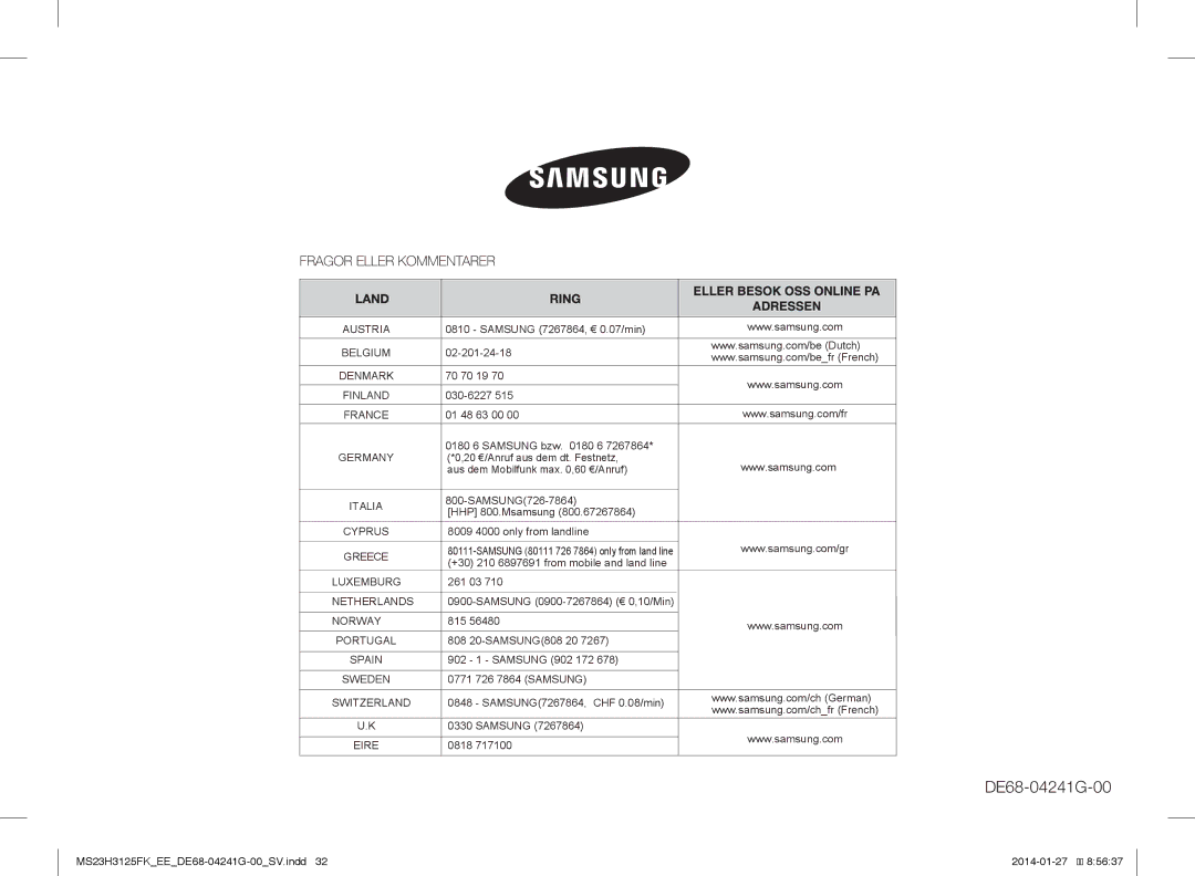 Samsung MS23H3125FK/EE manual DE68-04241G-00 