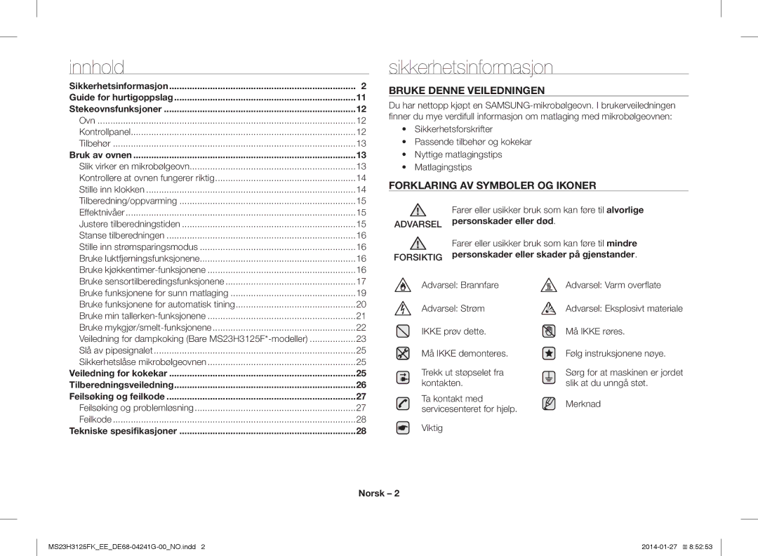 Samsung MS23H3125FK/EE manual Sikkerhetsinformasjon, Bruke Denne Veiledningen, Forklaring AV Symboler OG Ikoner, Norsk 