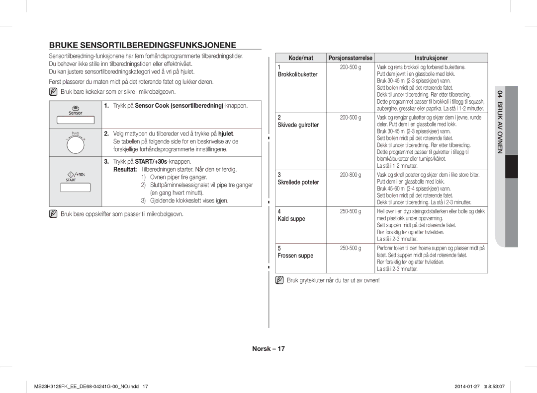 Samsung MS23H3125FK/EE manual Bruke Sensortilberedingsfunksjonene, Kode/mat, Instruksjoner 