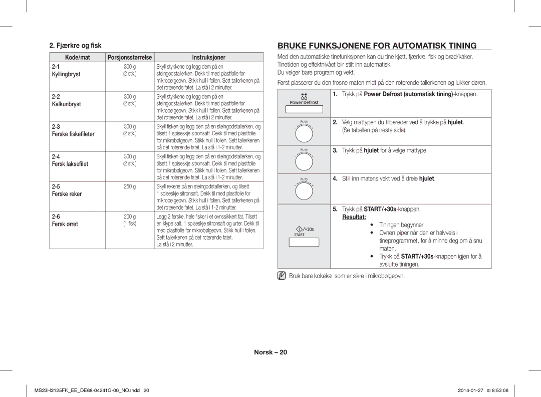 Samsung MS23H3125FK/EE manual Bruke Funksjonene for Automatisk Tining, Fjærkre og fisk 