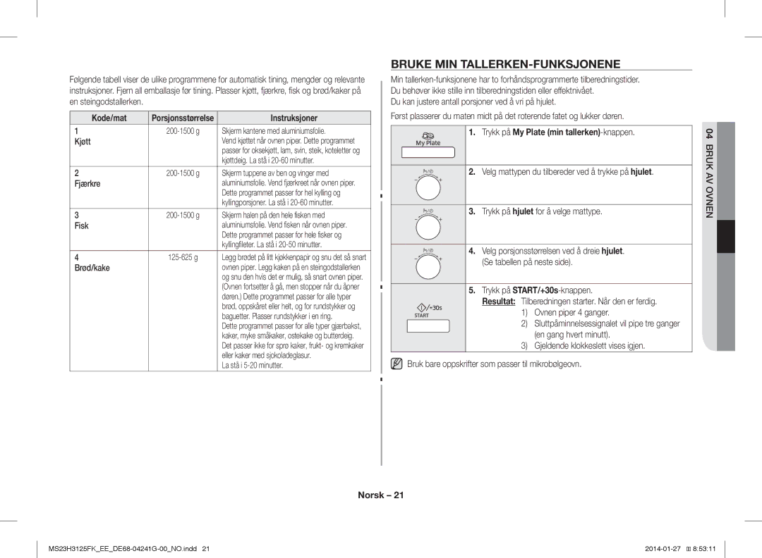 Samsung MS23H3125FK/EE manual Bruke MIN TALLERKEN-FUNKSJONENE, Trykk på My Plate min tallerken-knappen 