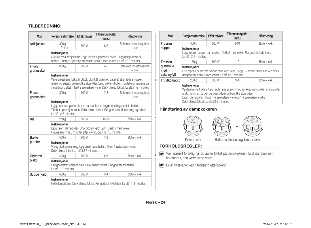 Samsung MS23H3125FK/EE manual Tilberedning, Håndtering av dampkokeren, Forholdsregler 