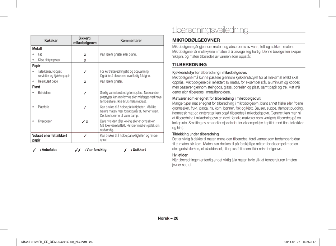 Samsung MS23H3125FK/EE manual Tilberedningsveiledning, Mikrobølgeovner, Papir 