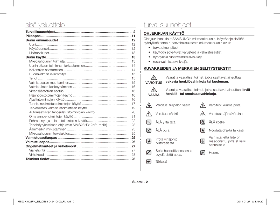 Samsung MS23H3125FK/EE manual Turvallisuusohjeet, Ohjekirjan Käyttö, Kuvakkeiden JA Merkkien Selitystekstit, Suomi 