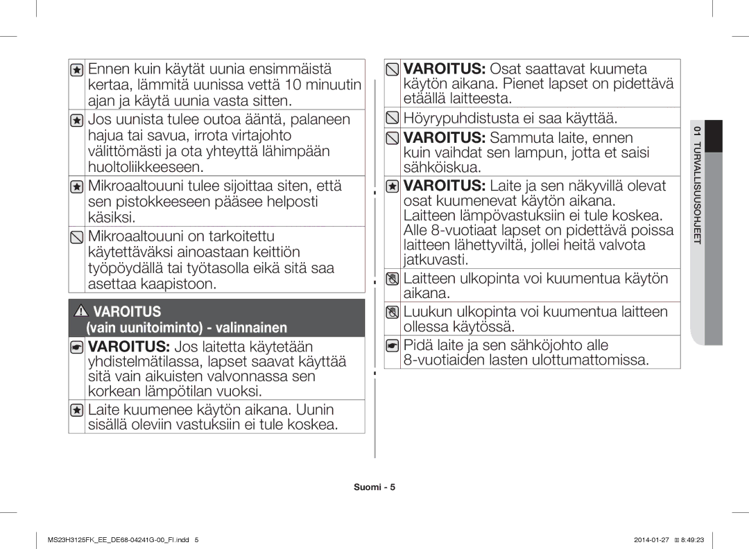 Samsung MS23H3125FK/EE manual Varoitus 