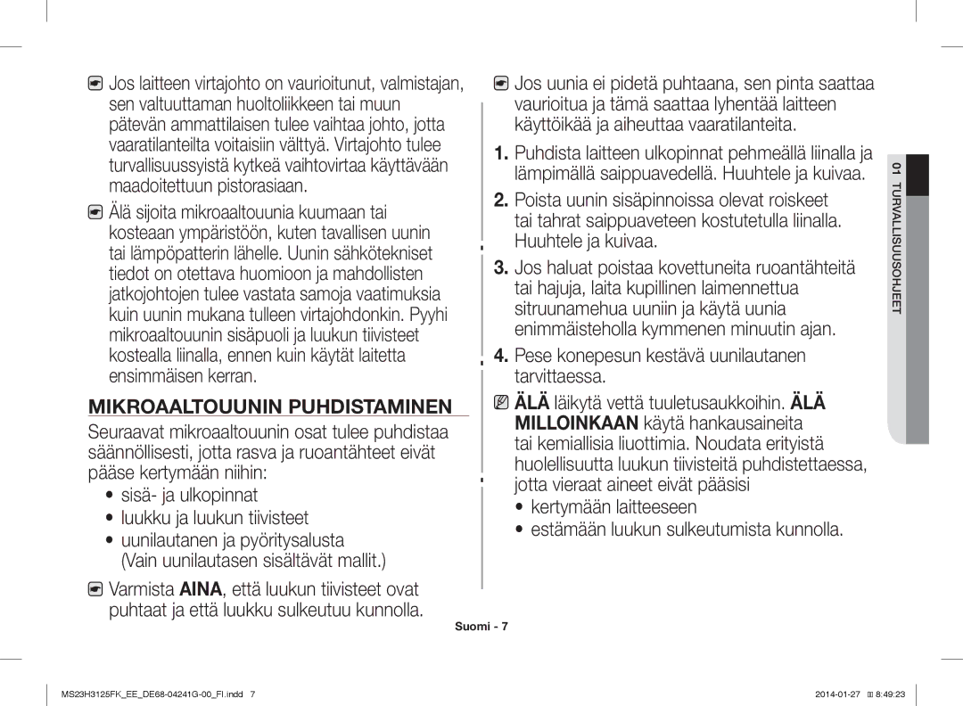 Samsung MS23H3125FK/EE manual Mikroaaltouunin Puhdistaminen 