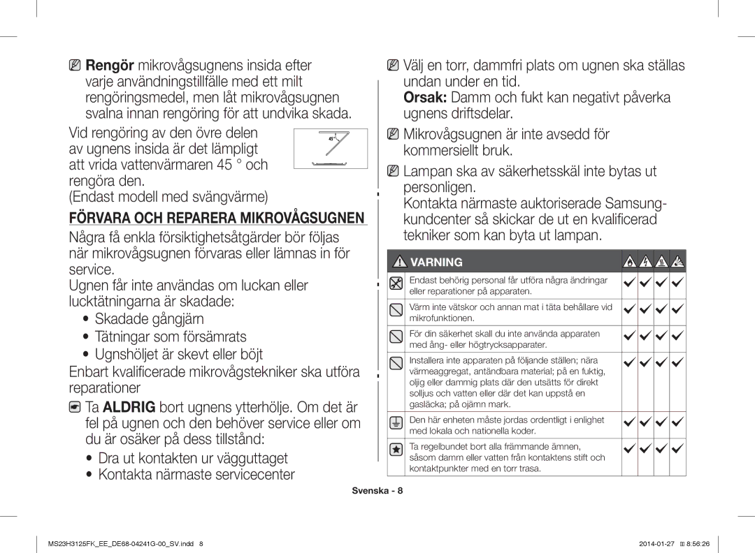 Samsung MS23H3125FK/EE manual Endast modell med svängvärme, Varning 