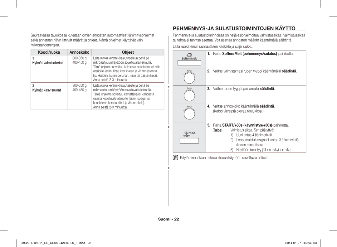 Samsung MS23H3125FK/EE manual PEHMENNYS-JA Sulatustoimintojen Käyttö, Paina Soften/Melt pehmennys/sulatus-painiketta 